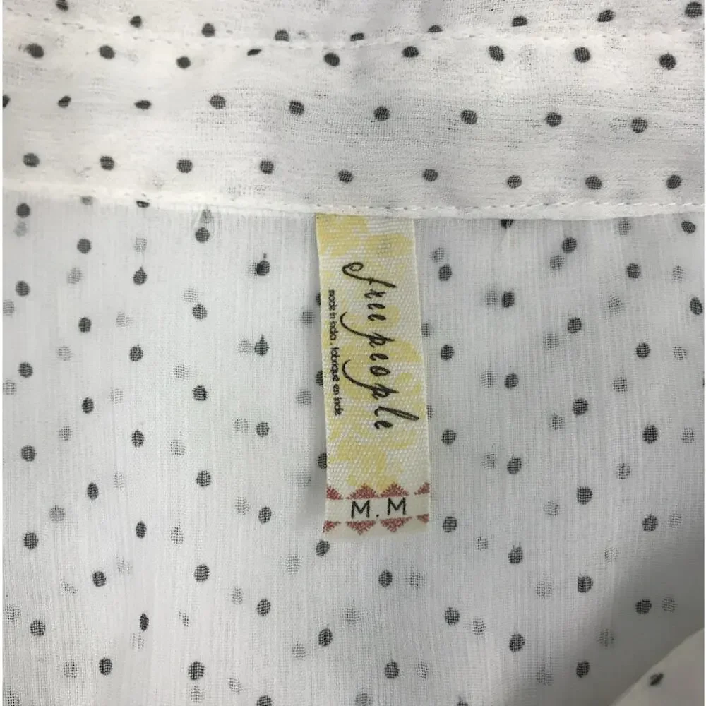 FREE PEOPLE Polka Dot Chiffon Sheer Tux Top Sz M White/Black Boho Retro Coastal